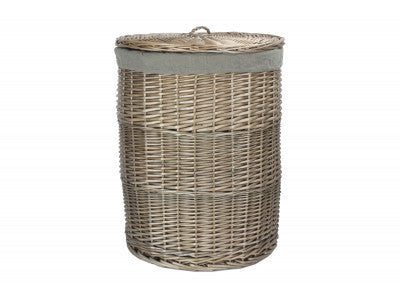 Basket, LARGE ANTIQUE WASH ROUND LAUNDRY BASKET with GREY SAGE LINING
