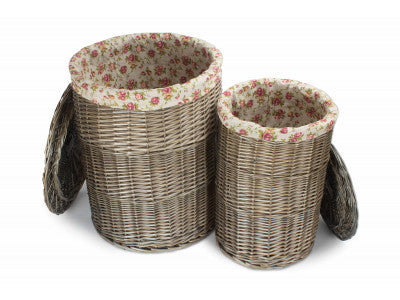 Basket, Set of 2 ANTIQUE WASH ROUND LAUNDRY BASKET with GARDEN ROSE LINING 