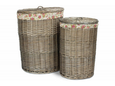 Basket, Set of 2 ANTIQUE WASH ROUND LAUNDRY BASKET with GARDEN ROSE LINING 