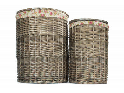 Basket, Set of 2 ANTIQUE WASH ROUND LAUNDRY BASKET with GARDEN ROSE LINING 