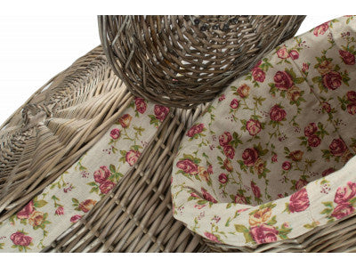 Basket, Set of 2 ANTIQUE WASH ROUND LAUNDRY BASKET with GARDEN ROSE LINING 