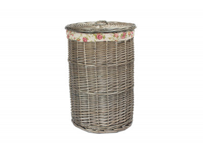 Basket, SMALL ANTIQUE WASH ROUND LAUNDRY BASKET with GARDEN ROSE LINING