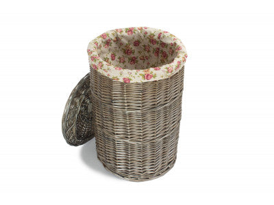 Basket, SMALL ANTIQUE WASH ROUND LAUNDRY BASKET with GARDEN ROSE LINING