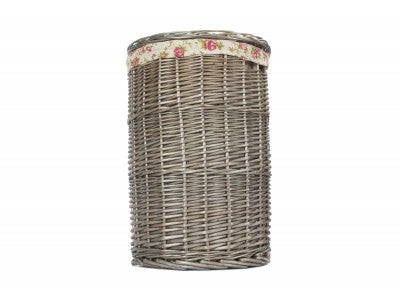 Basket, SMALL ANTIQUE WASH ROUND LAUNDRY BASKET with GARDEN ROSE LINING