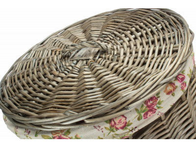 Basket, SMALL ANTIQUE WASH ROUND LAUNDRY BASKET with GARDEN ROSE LINING