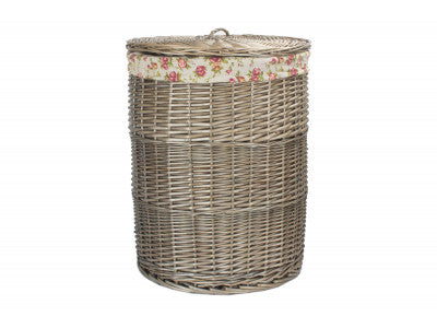 Basket, LARGE ANTIQUE WASH ROUND LAUNDRY BASKET with GARDEN ROSE LINING