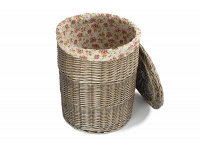 Basket, LARGE ANTIQUE WASH ROUND LAUNDRY BASKET with GARDEN ROSE LINING