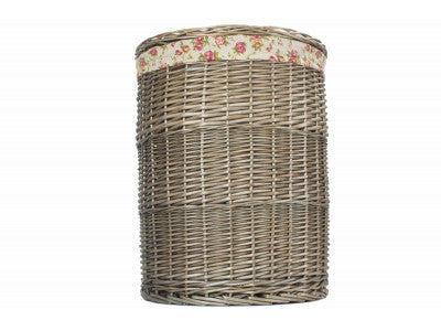 Basket, LARGE ANTIQUE WASH ROUND LAUNDRY BASKET with GARDEN ROSE LINING