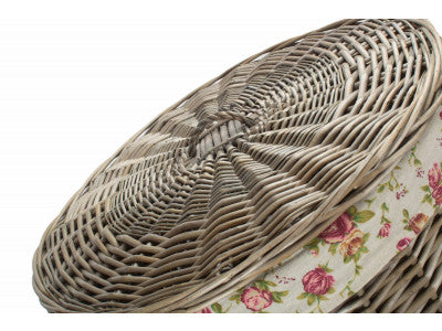 Basket, LARGE ANTIQUE WASH ROUND LAUNDRY BASKET with GARDEN ROSE LINING