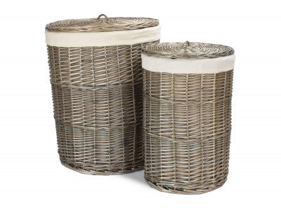 Basket, Set of 2 ANTIQUE WASH ROUND LAUNDRY BASKET with WHITE LINING 