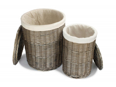 Basket, Set of 2 ANTIQUE WASH ROUND LAUNDRY BASKET with WHITE LINING 
