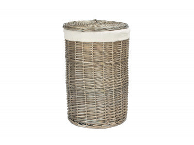 Basket, SMALL ANTIQUE WASH ROUND LAUNDRY BASKET with WHITE LINING