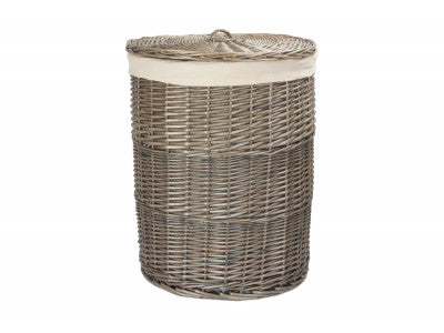 Basket, LARGE ANTIQUE WASH ROUND LAUNDRY BASKET with WHITE LINING