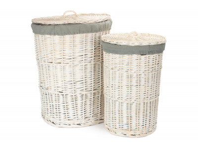 Basket, Set of 2 ROUND WHITE WASH LAUNDRY HAMPER with GREY SAGE LINING 