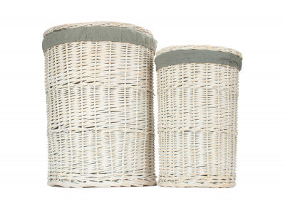 Basket, Set of 2 ROUND WHITE WASH LAUNDRY HAMPER with GREY SAGE LINING 