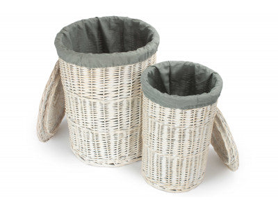 Basket, Set of 2 ROUND WHITE WASH LAUNDRY HAMPER with GREY SAGE LINING 