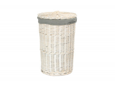 Basket, SMALL ROUND WHITE WASH LAUNDRY HAMPER with GREY SAGE LINING 