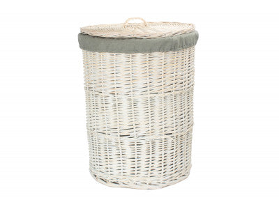 Basket, LARGE ROUND WHITE WASH LAUNDRY HAMPER with GREY SAGE LINING 