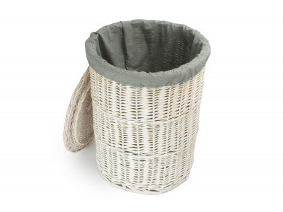 Basket, LARGE ROUND WHITE WASH LAUNDRY HAMPER with GREY SAGE LINING 