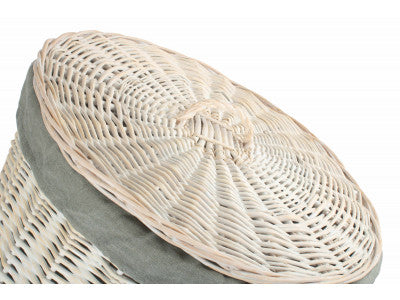 Basket, LARGE ROUND WHITE WASH LAUNDRY HAMPER with GREY SAGE LINING 