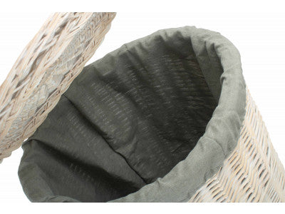 Basket, LARGE ROUND WHITE WASH LAUNDRY HAMPER with GREY SAGE LINING 