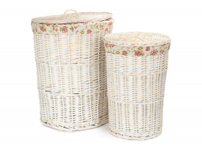 Basket, Set of 2 ROUND WHITE WASH LAUNDRY HAMPER with GARDEN ROSE LINING 