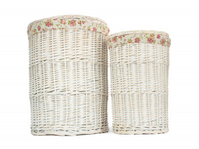 Basket, Set of 2 ROUND WHITE WASH LAUNDRY HAMPER with GARDEN ROSE LINING 