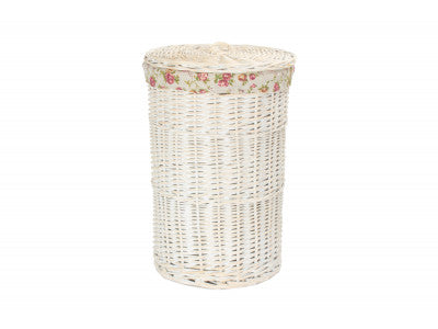 Basket, SMALL ROUND WHITE WASH LAUNDRY HAMPER with GARDEN ROSE LINING