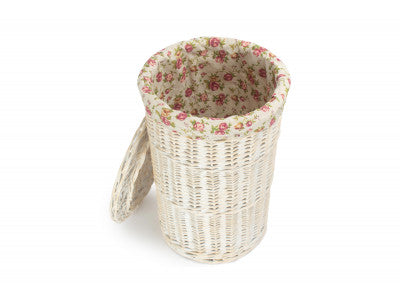Basket, SMALL ROUND WHITE WASH LAUNDRY HAMPER with GARDEN ROSE LINING