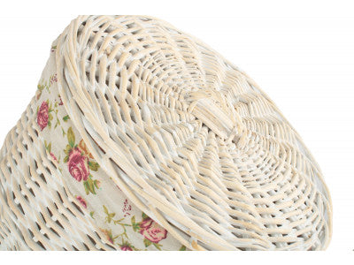 Basket, SMALL ROUND WHITE WASH LAUNDRY HAMPER with GARDEN ROSE LINING