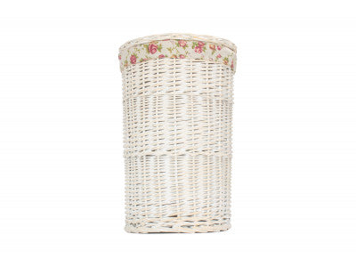 Basket, SMALL ROUND WHITE WASH LAUNDRY HAMPER with GARDEN ROSE LINING