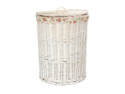 Basket, LARGE ROUND WHITE WASH LAUNDRY HAMPER with GARDEN ROSE LINING