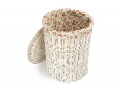Basket, LARGE ROUND WHITE WASH LAUNDRY HAMPER with GARDEN ROSE LINING