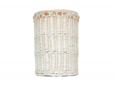 Basket, LARGE ROUND WHITE WASH LAUNDRY HAMPER with GARDEN ROSE LINING