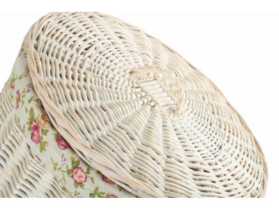Basket, LARGE ROUND WHITE WASH LAUNDRY HAMPER with GARDEN ROSE LINING