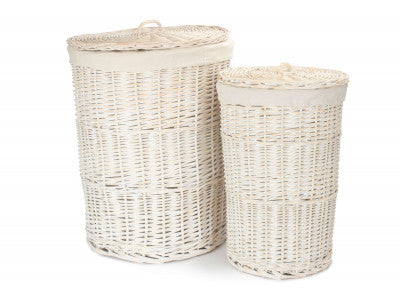 Basket, Set of 2 ROUND WHITE WASH LAUNDRY HAMPER with WHITE LINING 