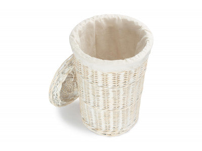 Basket, SMALL ROUND WHITE WASH LAUNDRY HAMPER with WHITE LINING