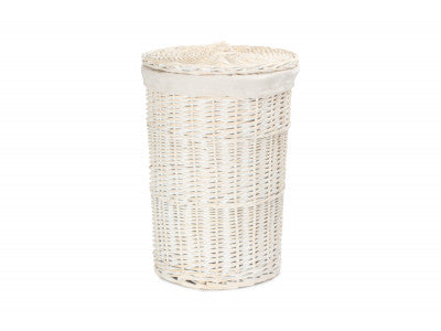 Basket, SMALL ROUND WHITE WASH LAUNDRY HAMPER with WHITE LINING