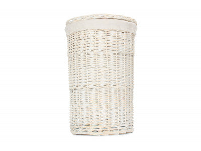 Basket, SMALL ROUND WHITE WASH LAUNDRY HAMPER with WHITE LINING