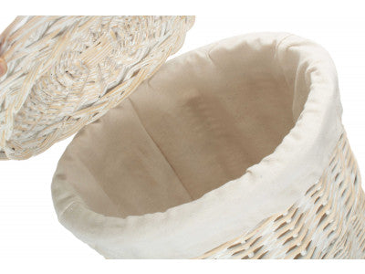 Basket, SMALL ROUND WHITE WASH LAUNDRY HAMPER with WHITE LINING