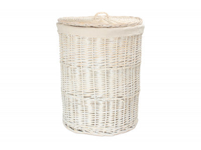 Basket, LARGE ROUND WHITE WASH LAUNDRY HAMPER with WHITE LINING