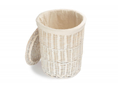 Basket, LARGE ROUND WHITE WASH LAUNDRY HAMPER with WHITE LINING