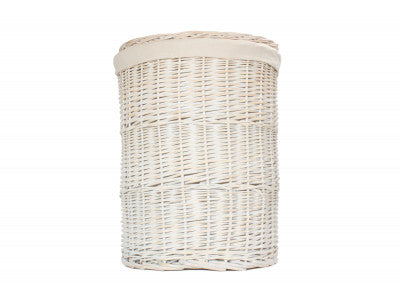 Basket, LARGE ROUND WHITE WASH LAUNDRY HAMPER with WHITE LINING