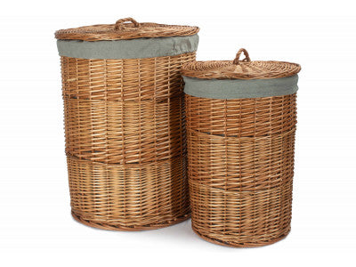 Basket, Set of 2 LIGHT STEAMED ROUND LINEN BASKET with GREY SAGE LINING 