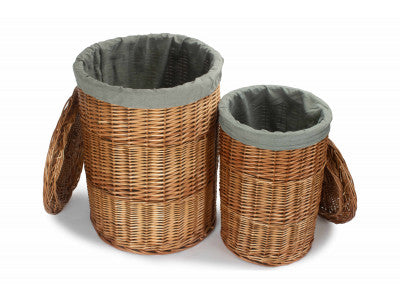 Basket, Set of 2 LIGHT STEAMED ROUND LINEN BASKET with GREY SAGE LINING 