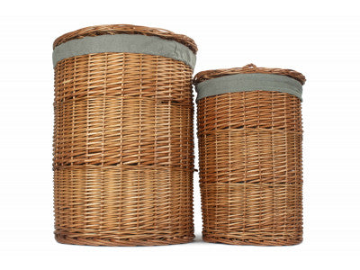Basket, Set of 2 LIGHT STEAMED ROUND LINEN BASKET with GREY SAGE LINING 