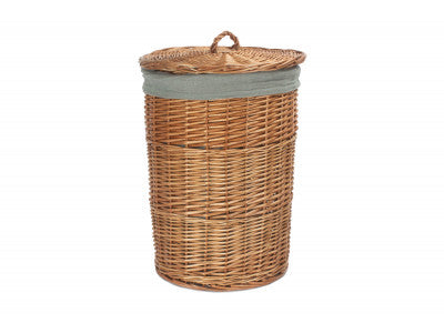 Basket, SMALL LIGHT STEAMED ROUND LINEN BASKET with GREY SAGE LINING