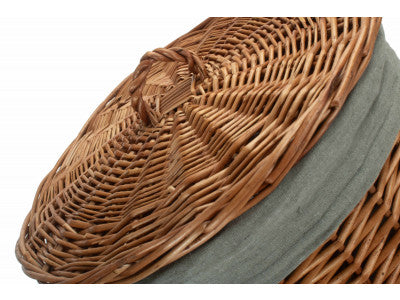 Basket, SMALL LIGHT STEAMED ROUND LINEN BASKET with GREY SAGE LINING