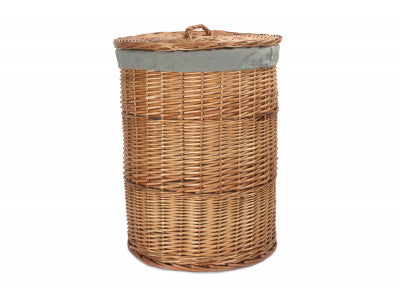 Basket, LARGE LIGHT STEAMED ROUND LINEN BASKET with GREY SAGE LINING