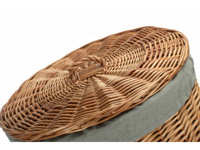 Basket, LARGE LIGHT STEAMED ROUND LINEN BASKET with GREY SAGE LINING